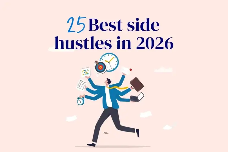 Illustration of a multitasking person juggling side hustles. MyBudget’s guide to the 25 best side hustles in 2026 helps boost your income.