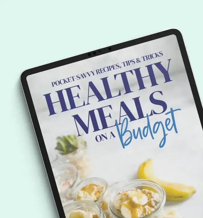 Tablet displaying MyBudget’s Healthy Meals on a Budget Guide for New Zealand families, created with Accredited Practising Dietitian Samantha Stuk (APD), to help save time and money in the kitchen.