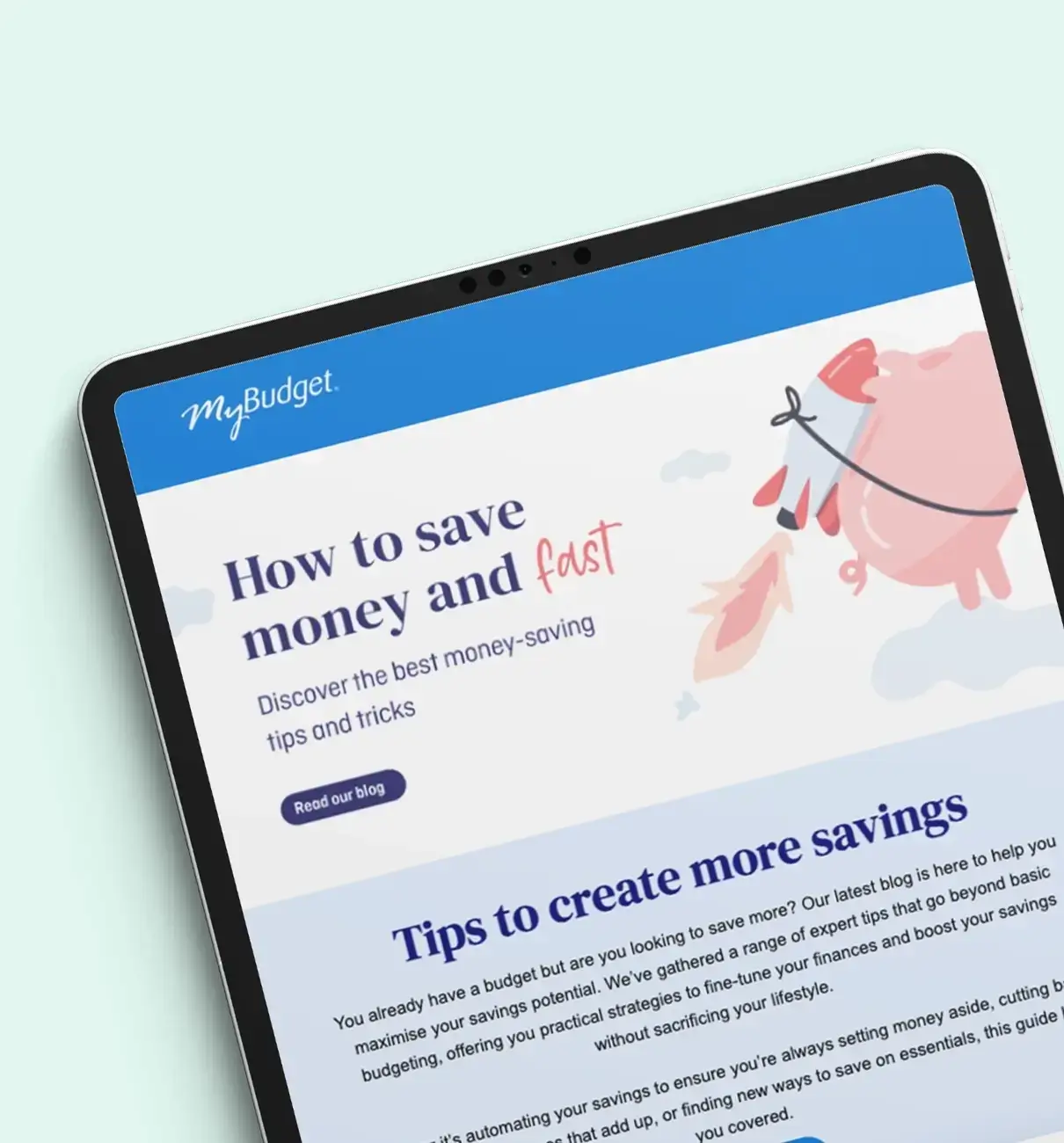 Tablet displaying MyBudget’s Money Talks newsletter with budgeting and savings tips to help New Zealanders manage their money.