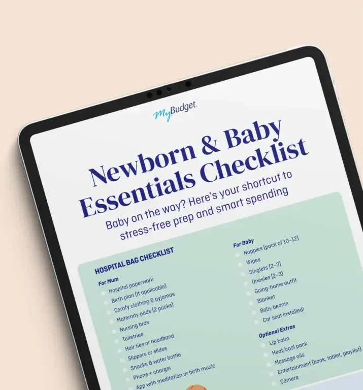 Tablet showing MyBudget’s Newborn & Baby Essentials Checklist for New Zealand parents, with baby, mum, nursery items and hospital bag essentials.