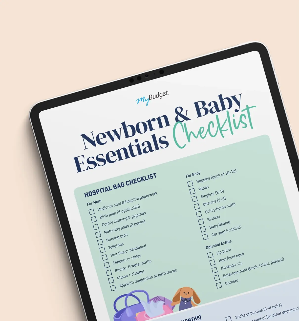 Tablet showing MyBudget’s Newborn & Baby Essentials Checklist for New Zealand parents, with baby, mum, nursery items and hospital bag essentials.