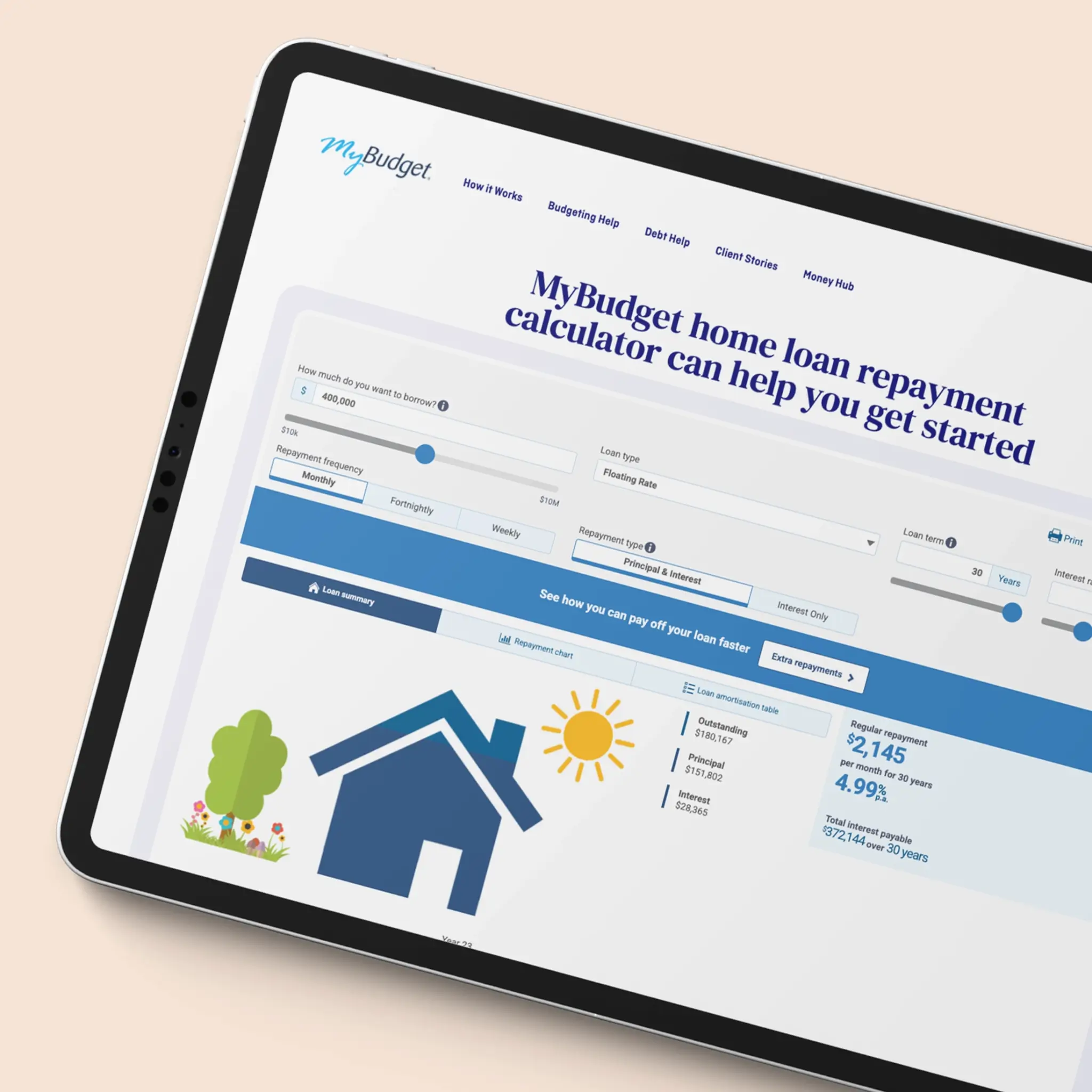 Tablet device showing the MyBudget Home Loan Repayment Calculator webpage, featuring repayment estimation tools and strategies to pay off your mortgage faster in New Zealand.