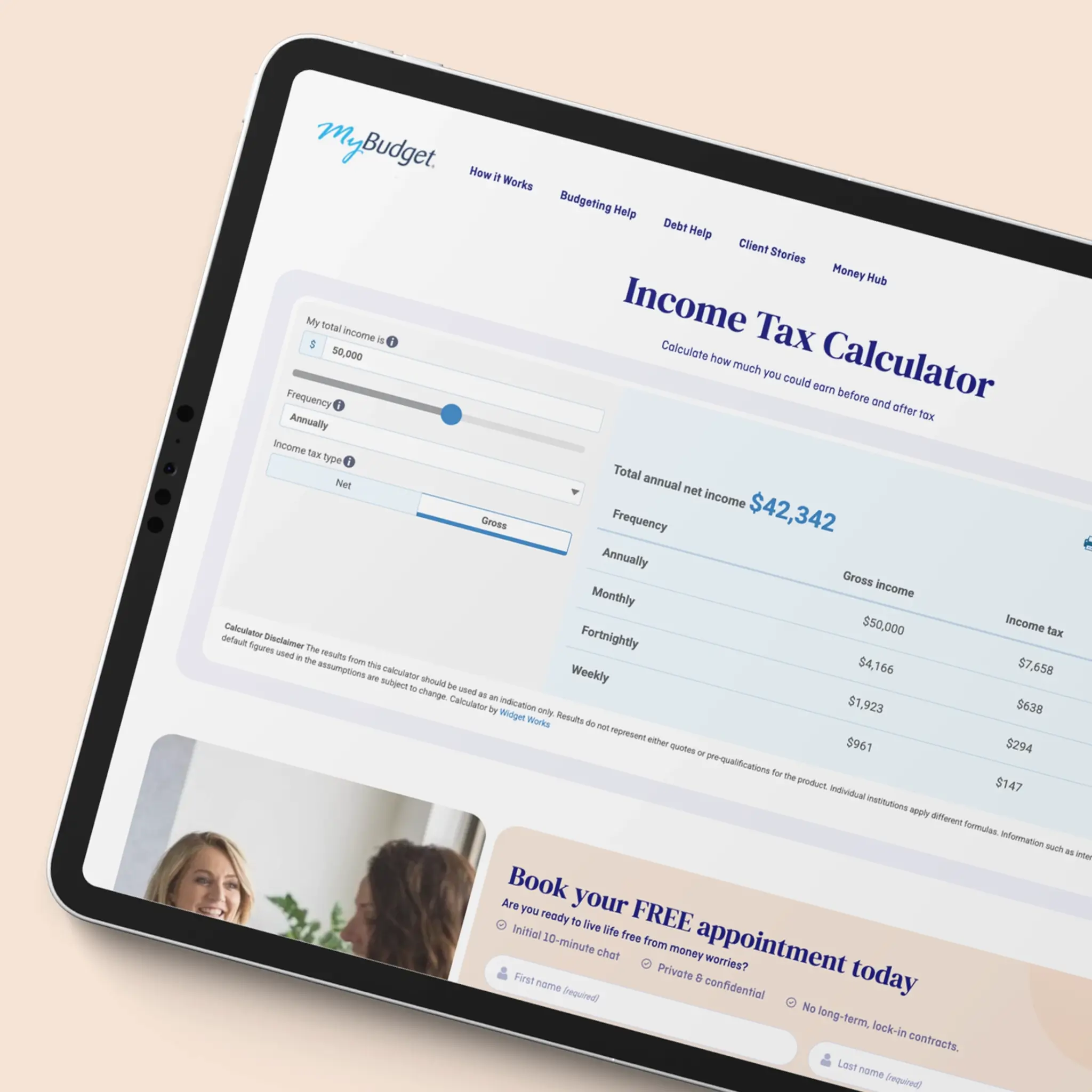 Tablet device displaying the MyBudget Income Tax Calculator webpage, featuring the tax estimation tool and a section on tailored debt plans in New Zealand.