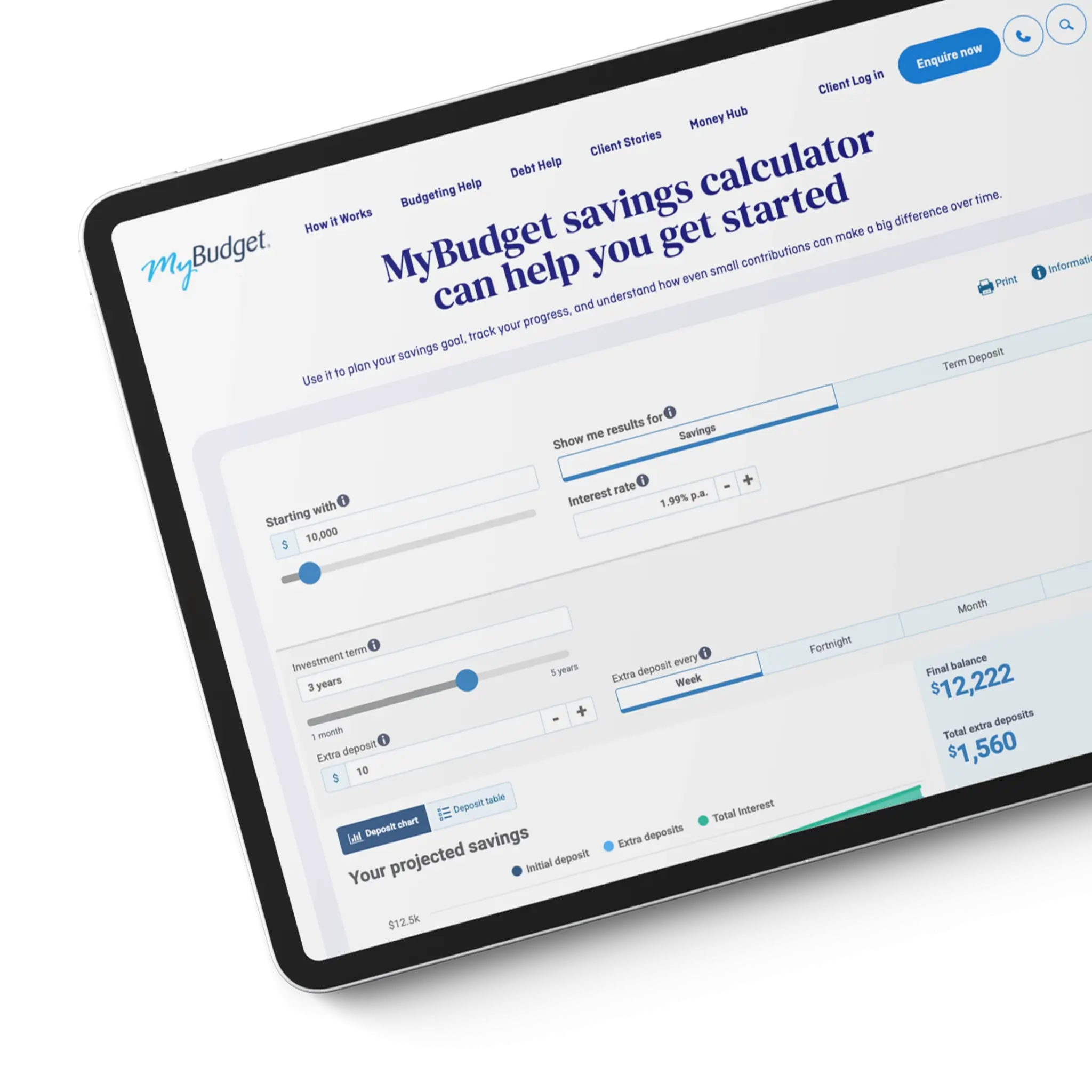 An image displays a calculator on the screen suggests an interactive tool to help users set and track their financial goals, with a MyBudget interface visible.