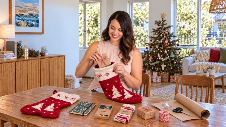 Jaz, identified as a MyBudget client, smiles while packing a brown paper-wrapped gift tied with twine into a red and white knit Christmas stocking. The wooden table holds another stocking, wrapping paper, scissors, tape, and gifts, set inside a bright living room featuring a lit Christmas tree and sofa in the background.